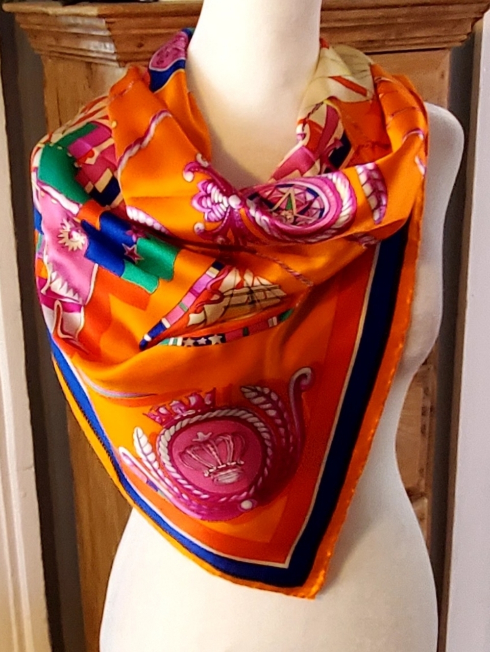 100% Silk Orange Silk Scarf with Pink, Blue & Green Nautical Design